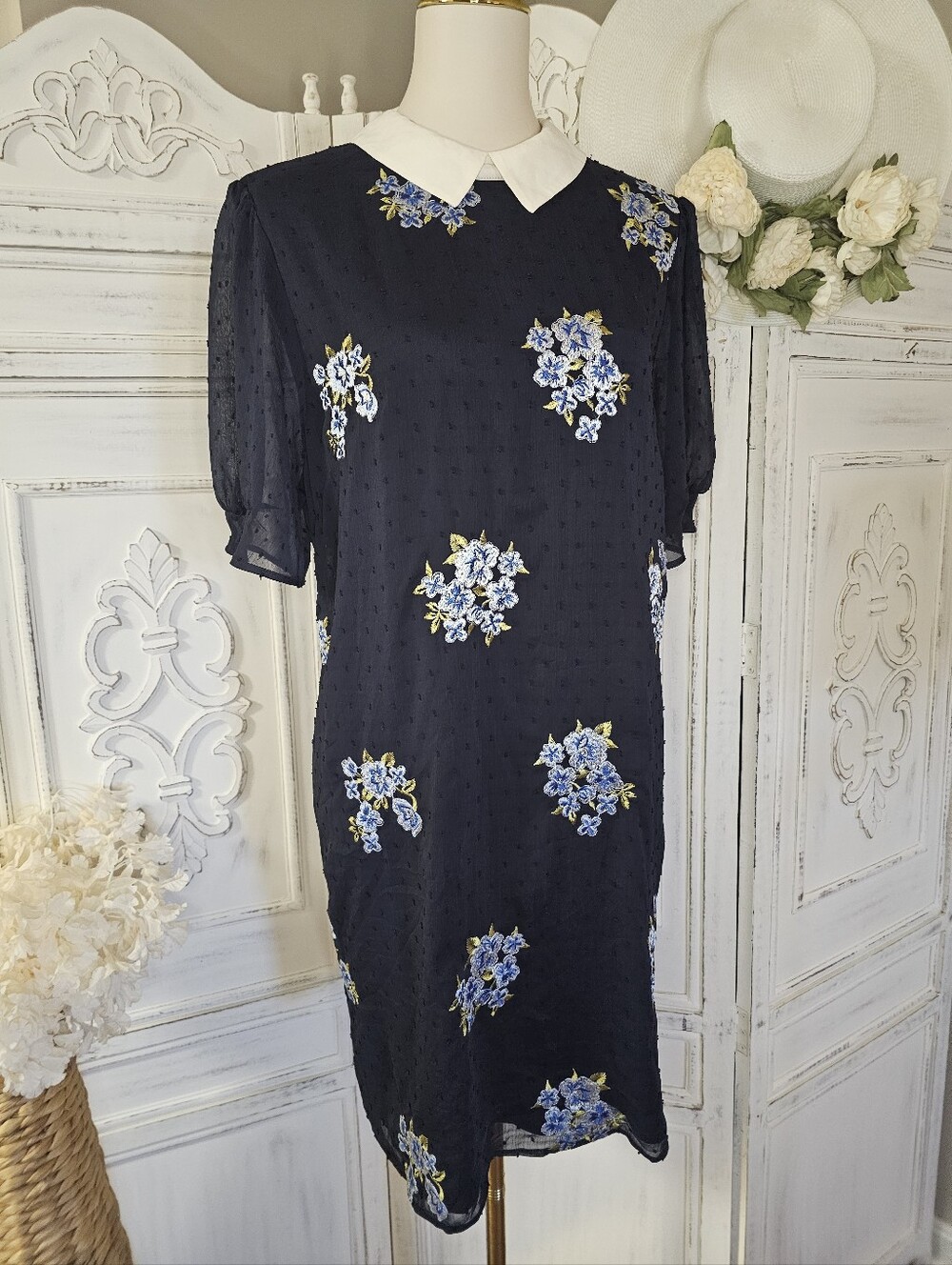 CeCe Navy Floral Embroidered Puff Sleeve Peter Pan Collar Mini Shift Dress